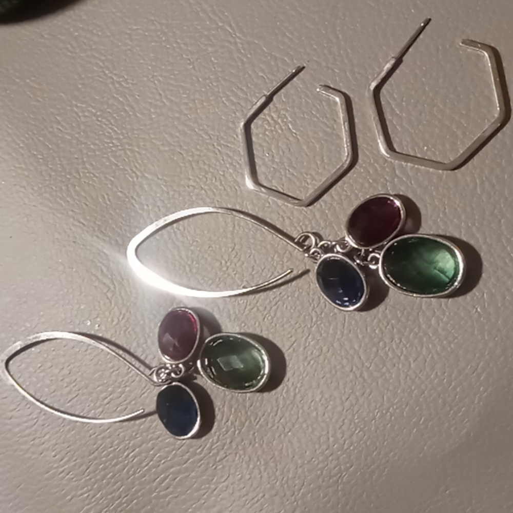 Two pairs of earrings. Multi gem dangling earrings & Octagon hoops.